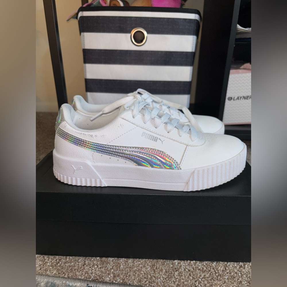 PUMA Carina Lift Women’s Sneakers-White w/Iridescent Stripe-Platform Casual Shoe